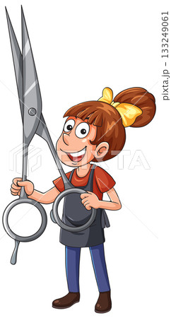 Cartoon Female Hairdresser Holding Oversized Scissors 133249061