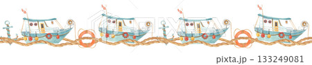 Watercolor seamless nautical border with marine rope, boats, anchors and lifebuoys Watercolor seamless nautical border with marine rope, boats, anchors and lifebuoys 133249081