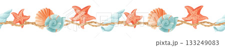Nautical seamless border with seashells and starfish. Watercolor marine illustration isolated on white 133249083