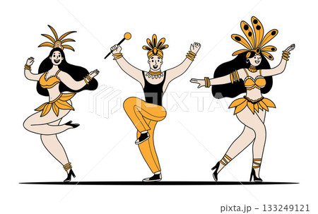 Carnival Happy Dancers Man and Girls in Masquerade Costumes with Feathers. Isolated Color Hand drawing Doodle. Vector Illustration. Festive Party, holiday and rhythmic celebration. Not AI Carnival Happy Dancers Man and Girls in Masquerade Costumes with Feathers. Isolated Color Hand drawing Doodle. Vector Illustration. Festive Party, holiday and rhythmic celebration. Not AI 133249121