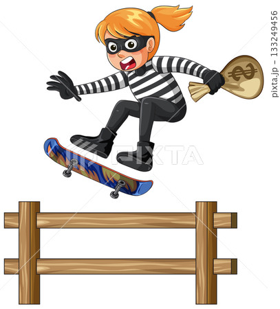 Female Robber Jumping Fence on Skateboard With Money Bag 133249456
