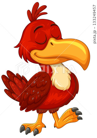Cartoon Red Bird Standing with Closed Eyes and Smile Cartoon Red Bird Standing with Closed Eyes and Smile 133249457