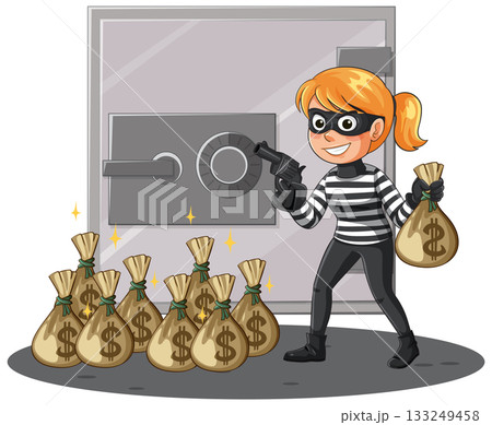 Cartoon Thief Stealing Money Bags From Bank Vault Cartoon Thief Stealing Money Bags From Bank Vault 133249458
