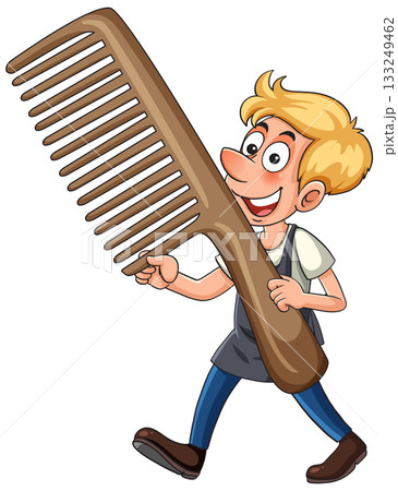 Cartoon Hairdresser Carrying Oversized Brown Comb Cartoon Hairdresser Carrying Oversized Brown Comb 133249462