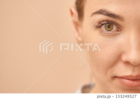 Partial face of young caucasian female with focused eye and natural makeup Partial face of young caucasian female with focused eye and natural makeup 133249527