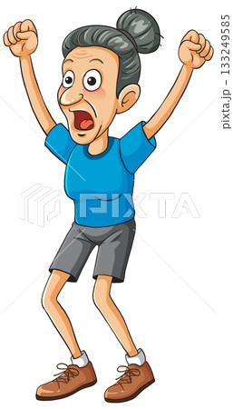 Excited Elderly Woman Cheering with Raised Arms 133249585