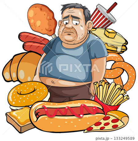 Overweight Man Surrounded by Unhealthy Fast Food Choices Overweight Man Surrounded by Unhealthy Fast Food Choices 133249589