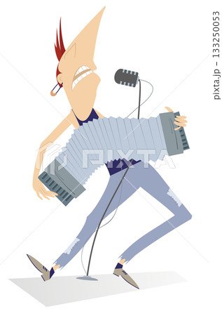 Cartoon man playing accordion and singing.  Funny musician playing accordion and singing to microphone. Isolated on white background 133250053