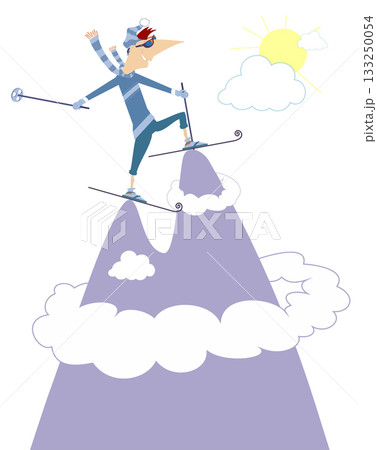 High mountain. Skiing young man.  Winter sport. Young skier man standing on the top of the mountain. Isolated on white background 133250054