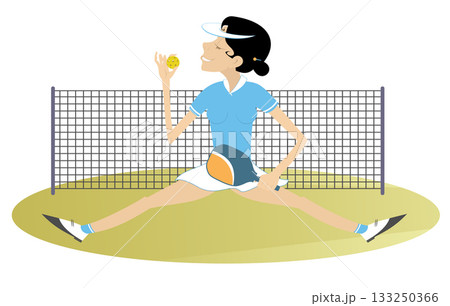 Smiling woman sits on the pickleball court. Young woman with pickleball paddle and ball sitting on the grass 133250366