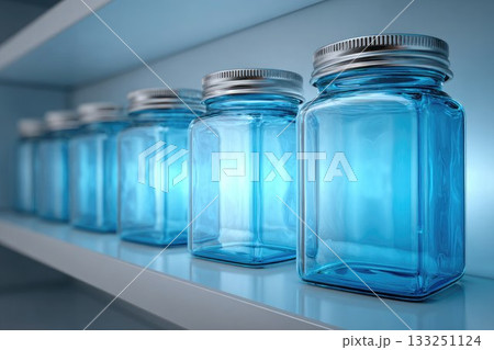 Row of empty blue glass jars with metal lids displayed on a well-lit shelf, the containers are clean and sterile, medicine and laboratory concept 133251124