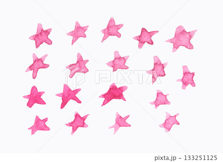 Bright pink watercolor stars pattern on white background with various sizes 133251125