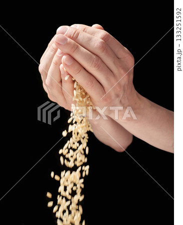 Hands holding and releasing falling grains with black background Hands holding and releasing falling grains with black background 133251592