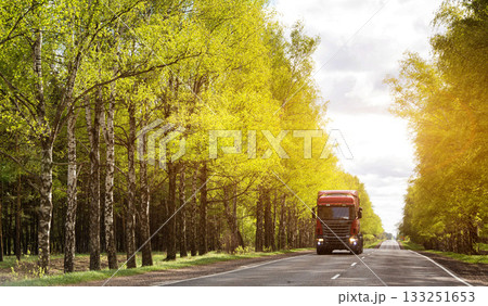 Truckers transport cargo on trucks in summer against the backdrop of forest and nature. Logistics company concept. GPS monitoring, transport company as a business. Copy space for text Truckers transport cargo on trucks in summer against the backdrop of forest and nature. Logistics company concept. GPS monitoring, transport company as a business. Copy space for text 133251653