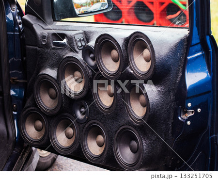 Custom Car Door Panel Loaded With Multiple Speakers. Loud Sound System Is Built For Maximum Audio Performance. Custom Car Door Panel Loaded With Multiple Speakers. Loud Sound System Is Built For Maximum Audio Performance. 133251705