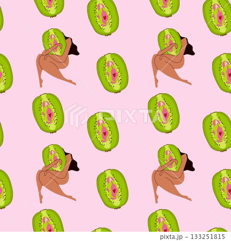 Abstract Human Figure with Kiwi Slice on Pink Background 133251815
