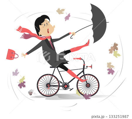 Confused woman on the bicycle. Windy and rainy weather. Woman with an umbrella rides a bike under strong wind and rain Confused woman on the bicycle. Windy and rainy weather. Woman with an umbrella rides a bike under strong wind and rain 133251987