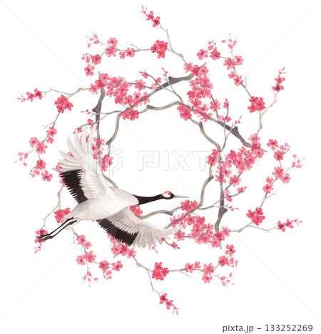 Wreath of the sakura branches and gapanese red crowned crane. Watercolor handmade illustration. For fabric, wallpaper, greeting cards, design, decoration and illustration. 133252269