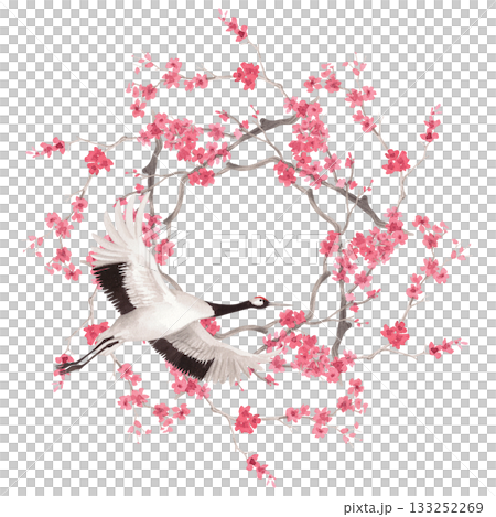 Wreath of the sakura branches and gapanese red crowned crane. Watercolor handmade illustration. For fabric, wallpaper, greeting cards, design, decoration and illustration. 133252269