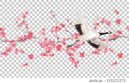 Seamless border of sakura branches and japanese crane. Watercolor handmade illustration. For fabric, wallpaper, greeting cards, design, decoration and illustration. Seamless border of sakura branches and japanese crane. Watercolor handmade illustration. For fabric, wallpaper, greeting cards, design, decoration and illustration. 133252273