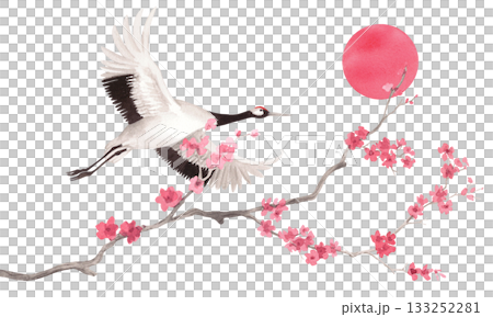 Japanese red crown crane flying above sakura and sun on the background. Watercolor handmade illustration. For fabric, wallpaper, greeting cards, design, decoration and illustration. 133252281