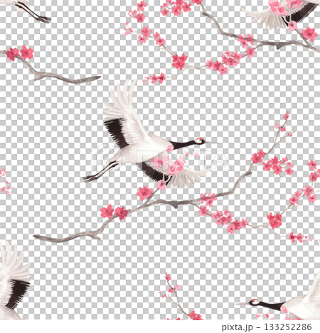 Seamless pattern of sakura and japanese red crown cranes. Watercolor handmade illustration. For fabric, wallpaper, greeting cards, design, decoration and illustration. Seamless pattern of sakura and japanese red crown cranes. Watercolor handmade illustration. For fabric, wallpaper, greeting cards, design, decoration and illustration. 133252286