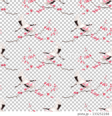 Seamless pattern of sakura branches and japanese red crown cranes. Watercolor handmade illustration. For fabric, wallpaper, greeting cards, design, decoration and illustration. Seamless pattern of sakura branches and japanese red crown cranes. Watercolor handmade illustration. For fabric, wallpaper, greeting cards, design, decoration and illustration. 133252288