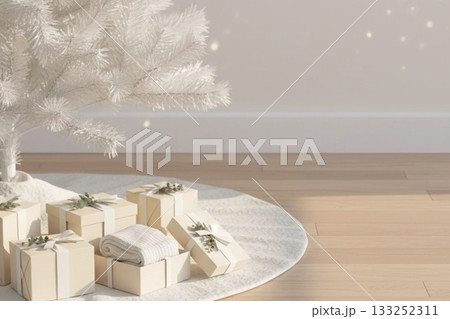 白いクリスマスツリーと上品オーナメントの柔光インテリア写真コレクション 133252311