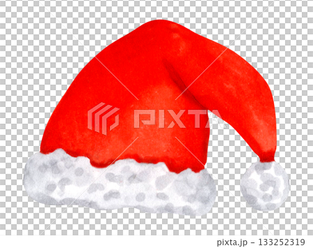 Santa hat. Red hat with soft, fluffy white trim and a pom-pom. Watercolor illustration. Hand-drawn isolated art. Suitable for cards, packaging and Christmas projects. Happy New Year. Santa hat. Red hat with soft, fluffy white trim and a pom-pom. Watercolor illustration. Hand-drawn isolated art. Suitable for cards, packaging and Christmas projects. Happy New Year. 133252319