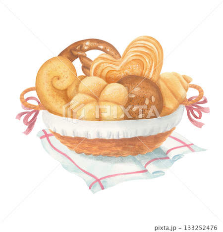 Wicker basket of baked goods with napkin, watercolor illustration. 133252476