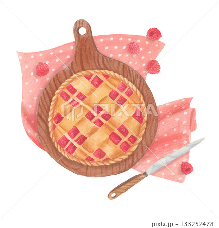 Raspberry pie on wooden board with pink polka dot napkin. Hand-drawn watercolor illustration. Raspberry pie on wooden board with pink polka dot napkin. Hand-drawn watercolor illustration. 133252478