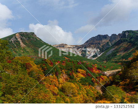 十勝岳温泉・凌雲閣から望む十勝岳の紅葉(北海道・上富良野) 十勝岳温泉・凌雲閣から望む十勝岳の紅葉(北海道・上富良野) 133252592