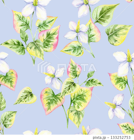 Watercolor illustration seamless pattern on blue background with flowers and variegated leaves, hand drawn. Suitable for textiles, wallpaper, packaging, digital paper, and scrapbooking projects 133252753
