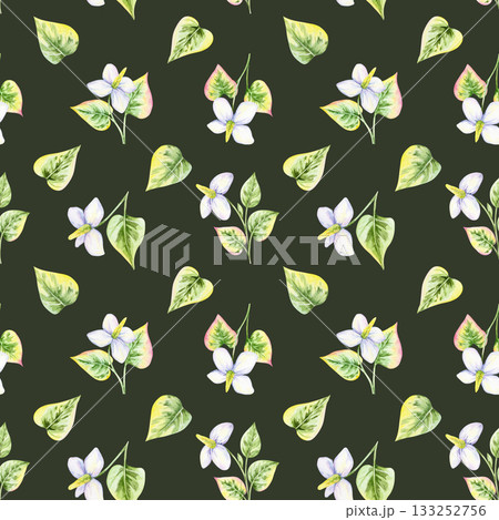 Dark seamless pattern with hand drawn watercolor illustration of white flowers and pink-green leaves. Ideal for fabric prints, packaging, digital paper, gift wrap, and stylish home decor 133252756