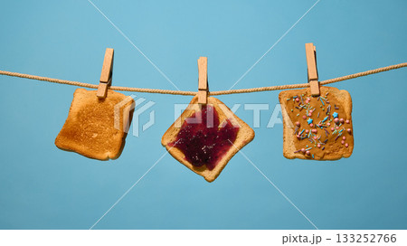 Toast slices with toppings hanging on rope against blue background 133252766