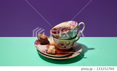 Stacked floral teacups with tea sugar cubes and chocolate 133252769
