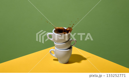 Coffee splash erupting from stacked white cups on green setup 133252771