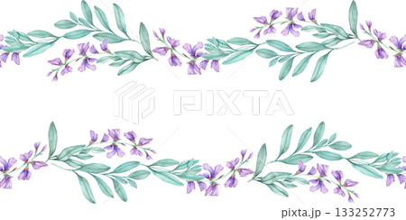 Violet sage blossoms and teal leaves seamless floral border, watercolor illustration, hand drawn. Perfect for wedding stationery, labels, packaging, fabric design, and decorative paper products. 133252773