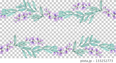 Violet sage blossoms and teal leaves seamless floral border, watercolor illustration, hand drawn. Perfect for wedding stationery, labels, packaging, fabric design, and decorative paper products. Violet sage blossoms and teal leaves seamless floral border, watercolor illustration, hand drawn. Perfect for wedding stationery, labels, packaging, fabric design, and decorative paper products. 133252773