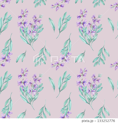 Seamless pattern of violet sage bouquets with teal foliage, hand drawn watercolor illustration. Suitable for fabric printing, wallpapers, wrapping paper, stationery, and packaging designs. Seamless pattern of violet sage bouquets with teal foliage, hand drawn watercolor illustration. Suitable for fabric printing, wallpapers, wrapping paper, stationery, and packaging designs. 133252776