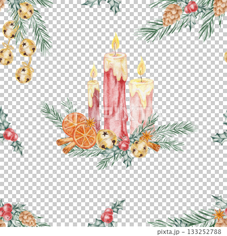 Seamless watercolor illustration of red candles, pine branches, and oranges, hand drawn. Perfect for festive packaging, holiday fabric, paper goods, or stationery design. Seamless watercolor illustration of red candles, pine branches, and oranges, hand drawn. Perfect for festive packaging, holiday fabric, paper goods, or stationery design. 133252788