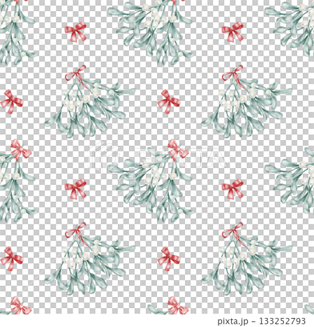 Watercolor illustration with soft mistletoe and red ribbons repeating, hand drawn. Suitable for gift wrap, festive stationery, holiday invitations, or seamless textile design. 133252793
