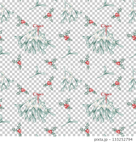 White seamless pattern featuring watercolor mistletoe and ribbons, hand drawn. Perfect for Christmas textiles, wallpapers, cards, gift wrap, or digital holiday paper sets. 133252794