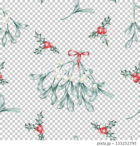 Seamless pattern with mistletoe, holly, and red bows in soft green tones, hand drawn watercolor clipart for Christmas cards, winter fabric design, wrapping paper, and digital projects. 133252795