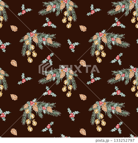 Brown seamless pattern featuring golden bells, pinecones, and branches, hand drawn watercolor clipart for winter wrapping paper, textile design, and festive digital craft projects. 133252797