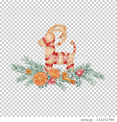 Traditional Yule straw goat with oranges and pine, painted in hand drawn watercolor clipart style perfect for Scandinavian Christmas cards, festive decor prints, and winter craft design. Traditional Yule straw goat with oranges and pine, painted in hand drawn watercolor clipart style perfect for Scandinavian Christmas cards, festive decor prints, and winter craft design. 133252799