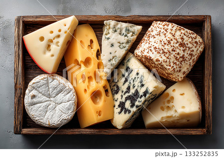Breakfast board. Tray with gourmet cheese with rustic farmhouse selections. Cheese board. Top view. Breakfast board. Tray with gourmet cheese with rustic farmhouse selections. Cheese board. Top view. 133252835
