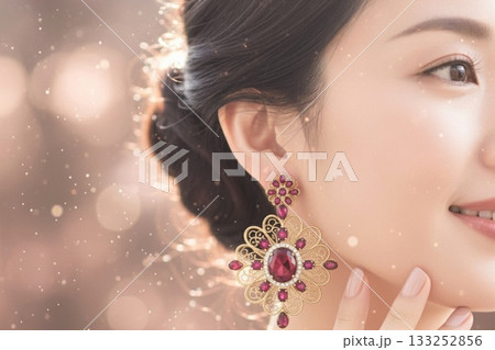 天然石アクセサリーと手元の輝きを柔らかな光で撮影した宝石イメージ画像 天然石アクセサリーと手元の輝きを柔らかな光で撮影した宝石イメージ画像 133252856