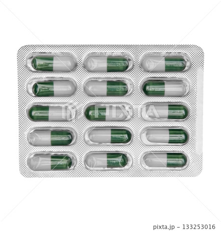 Medical pills capsules white with green on isolated white background Medical pills capsules white with green on isolated white background 133253016