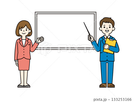ホワイトボードと、指示棒を持って説明するビジネスマンの全身ベクターイラスト素材_カラー ホワイトボードと、指示棒を持って説明するビジネスマンの全身ベクターイラスト素材_カラー 133253166
